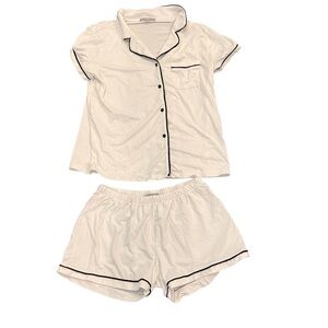 Tart Cream Pajama Set with Black Piping Button Up Short Sleeve Medium